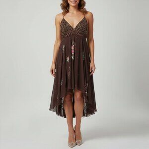 Matthew Williamson Brown Butterfly High Low Asymmetric Silk Designer Dress Small